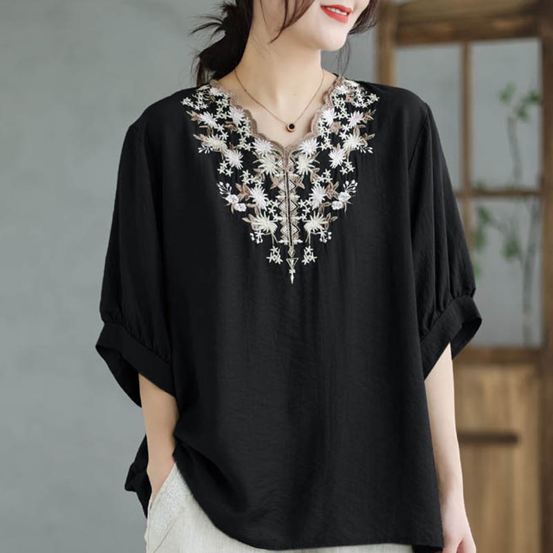 Small Floral Embroidery V-Neck Half Sleeve Cotton Linen T-shirt Tee
