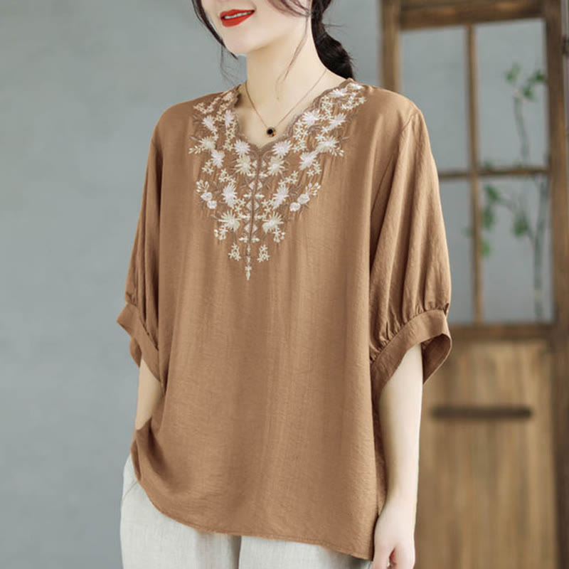 Small Floral Embroidery V-Neck Half Sleeve Cotton Linen T-shirt Tee
