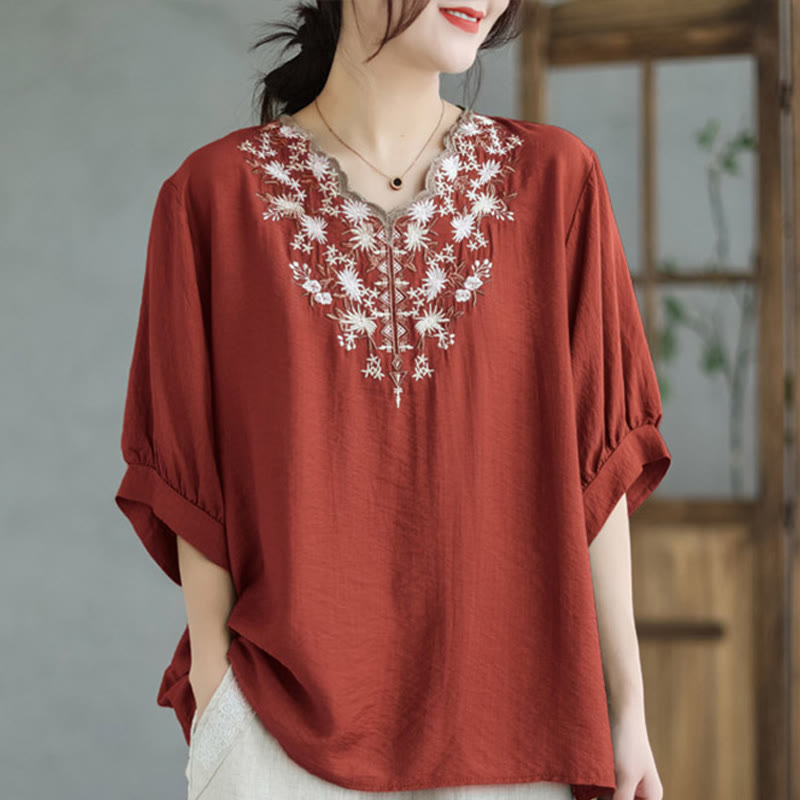 Small Floral Embroidery V-Neck Half Sleeve Cotton Linen T-shirt Tee