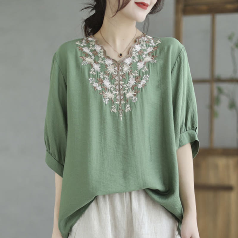Small Floral Embroidery V-Neck Half Sleeve Cotton Linen T-shirt Tee