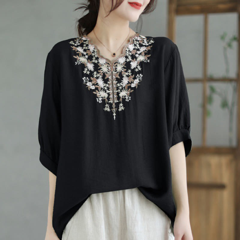 Small Floral Embroidery V-Neck Half Sleeve Cotton Linen T-shirt Tee
