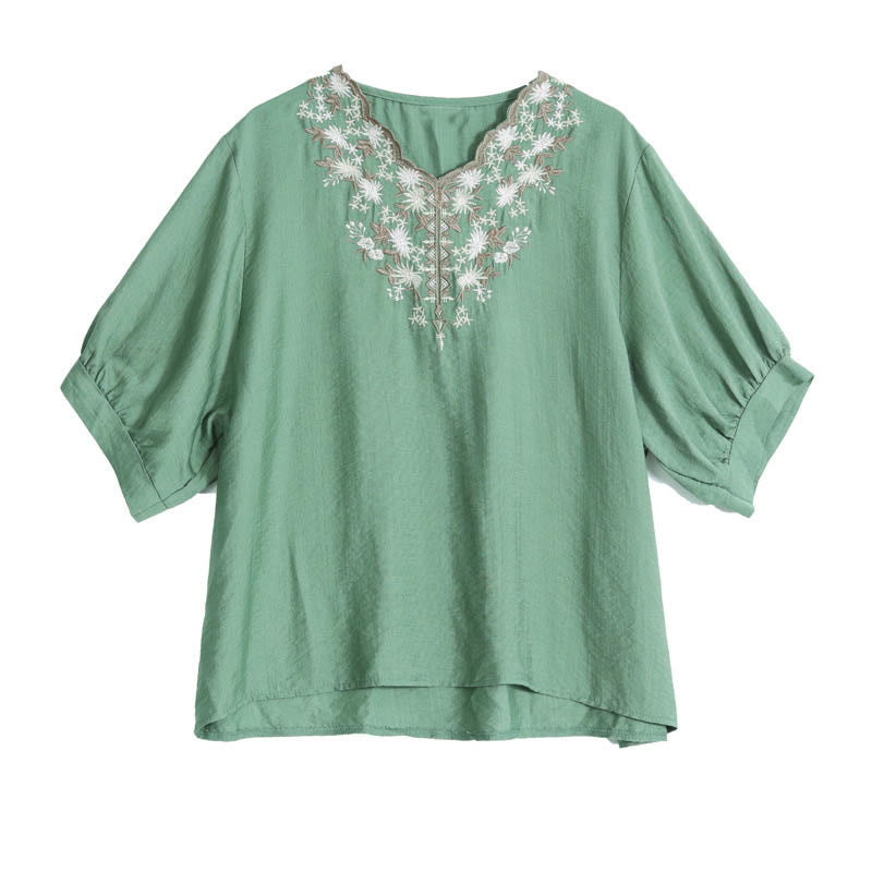 Small Floral Embroidery V-Neck Half Sleeve Cotton Linen T-shirt Tee