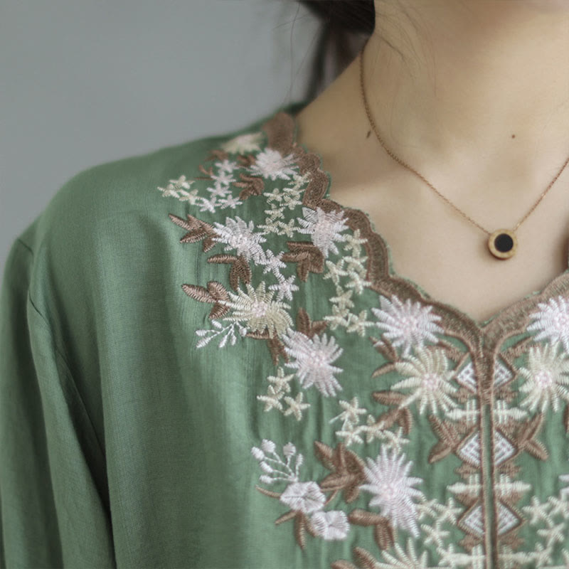 Small Floral Embroidery V-Neck Half Sleeve Cotton Linen T-shirt Tee