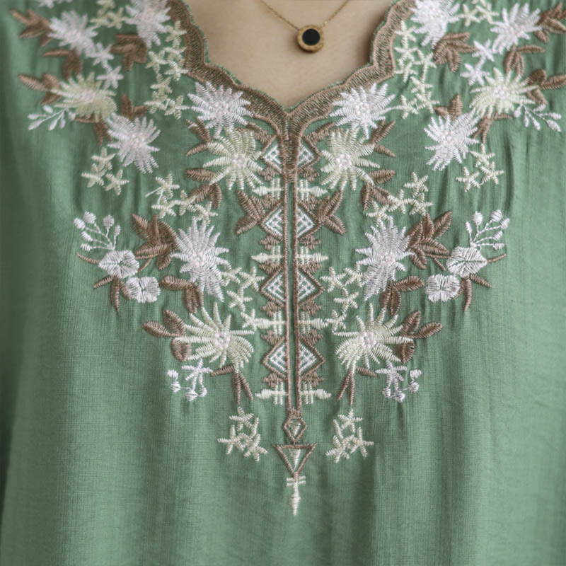 Small Floral Embroidery V-Neck Half Sleeve Cotton Linen T-shirt Tee