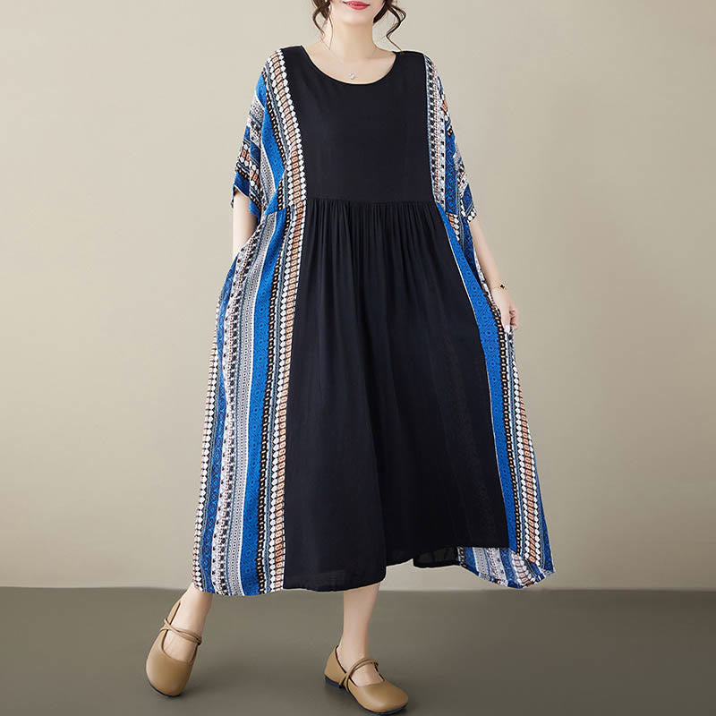 Black Blue Stripes Short Sleeve Midi Dress With Pockets
