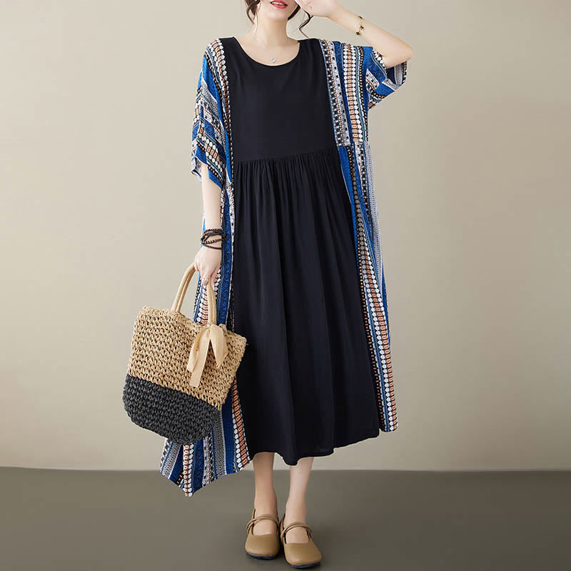 Black Blue Stripes Short Sleeve Midi Dress With Pockets