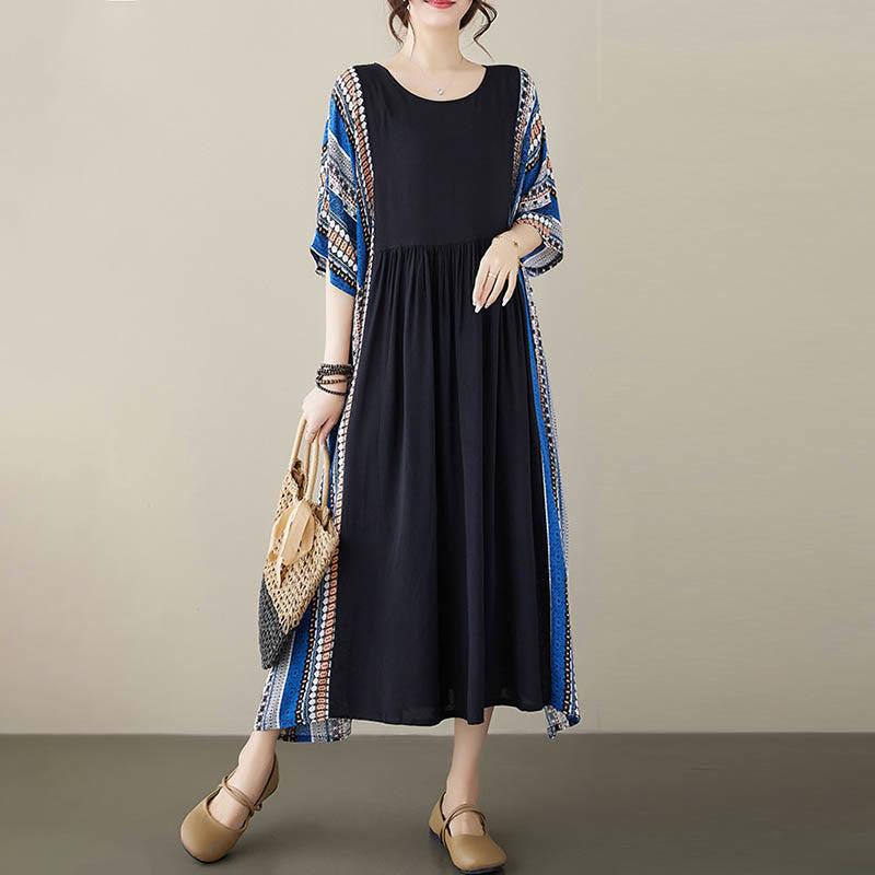 Black Blue Stripes Short Sleeve Midi Dress With Pockets