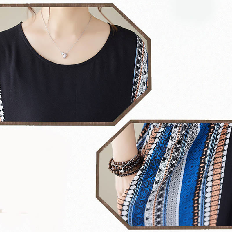Black Blue Stripes Short Sleeve Midi Dress With Pockets