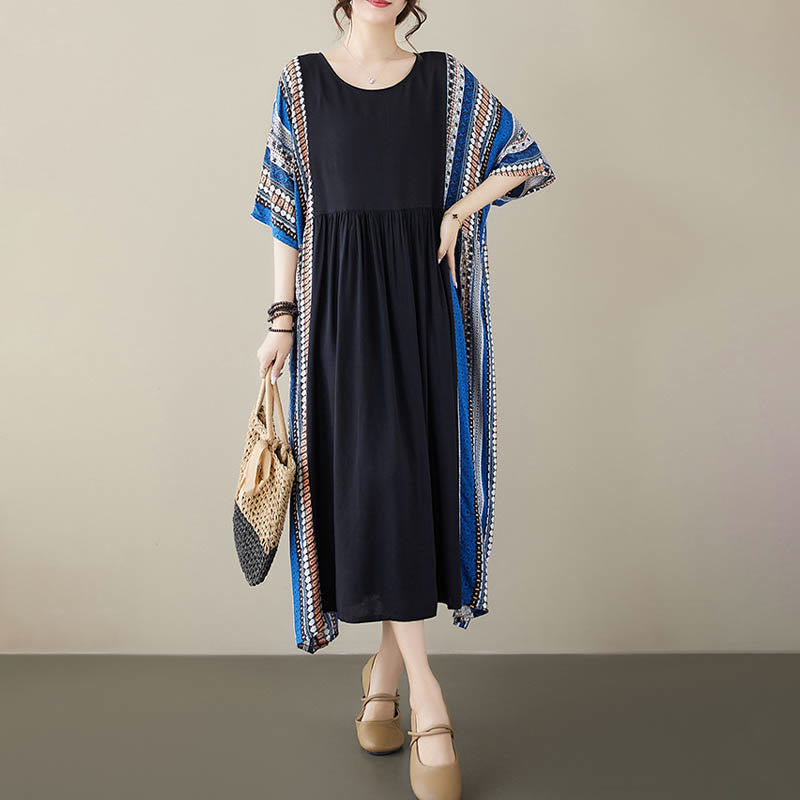Black Blue Stripes Short Sleeve Midi Dress With Pockets