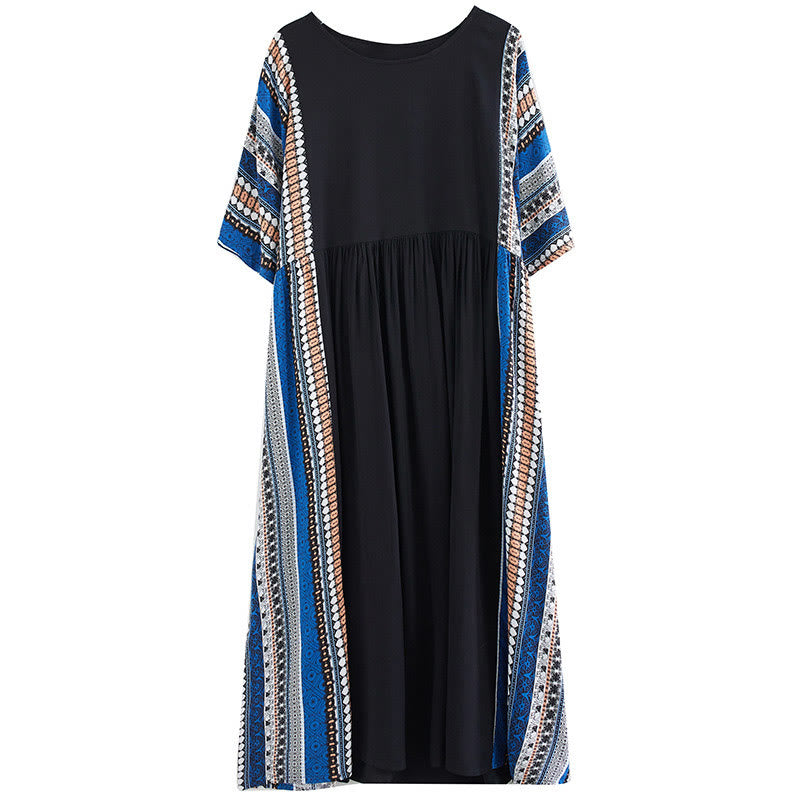Black Blue Stripes Short Sleeve Midi Dress With Pockets