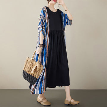 Black Blue Stripes Short Sleeve Midi Dress With Pockets