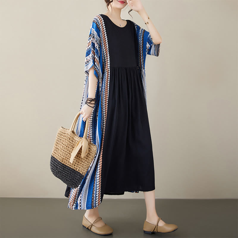 Black Blue Stripes Short Sleeve Midi Dress With Pockets
