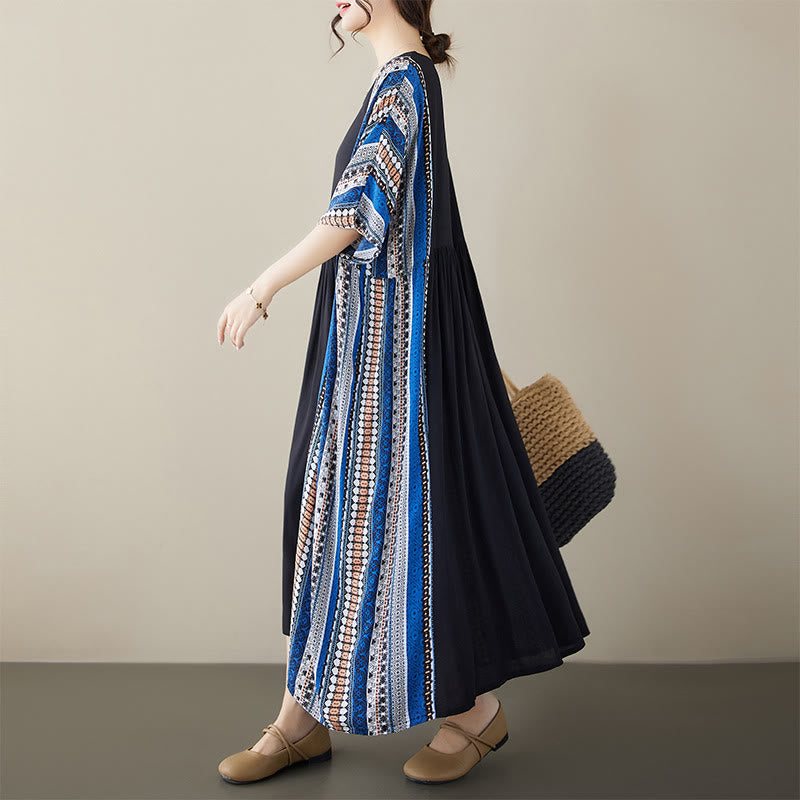 Black Blue Stripes Short Sleeve Midi Dress With Pockets