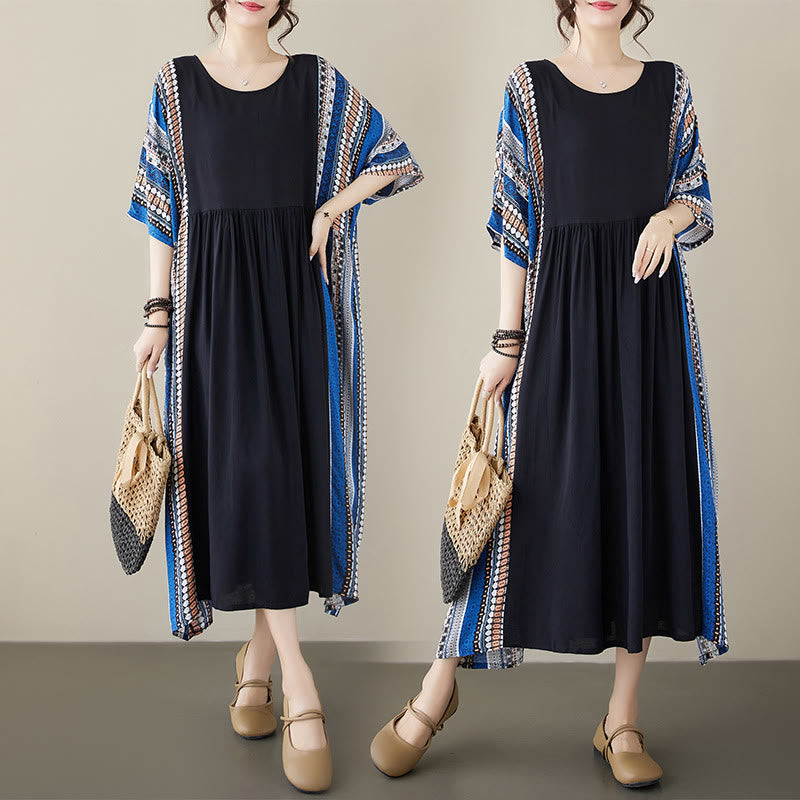 Black Blue Stripes Short Sleeve Midi Dress With Pockets