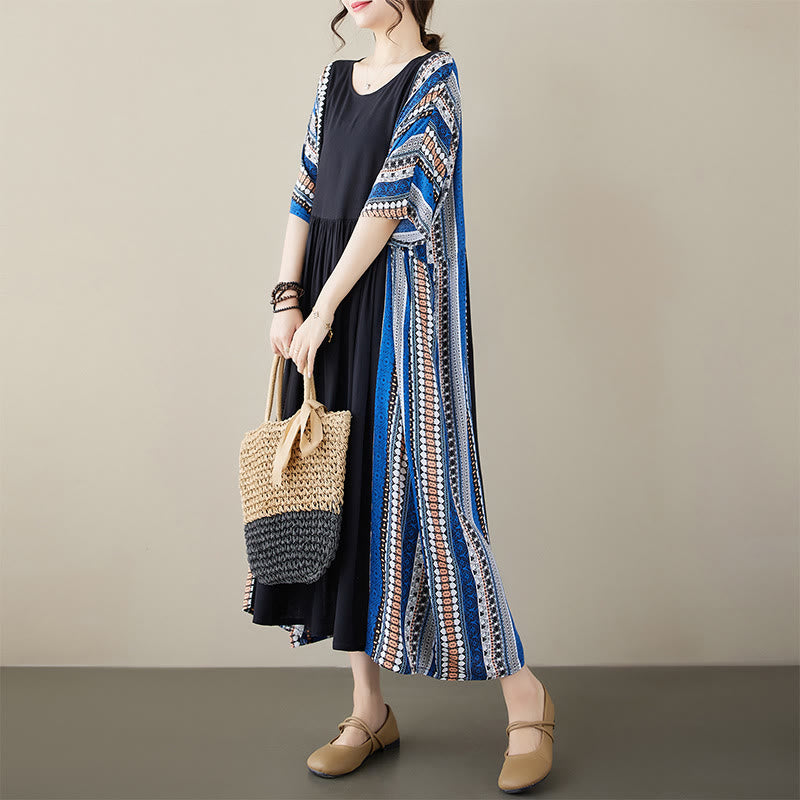 Black Blue Stripes Short Sleeve Midi Dress With Pockets