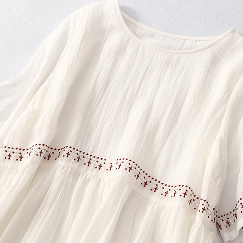 Breathable Cotton Blend Relaxed Midi Dress with Subtle Embroidery