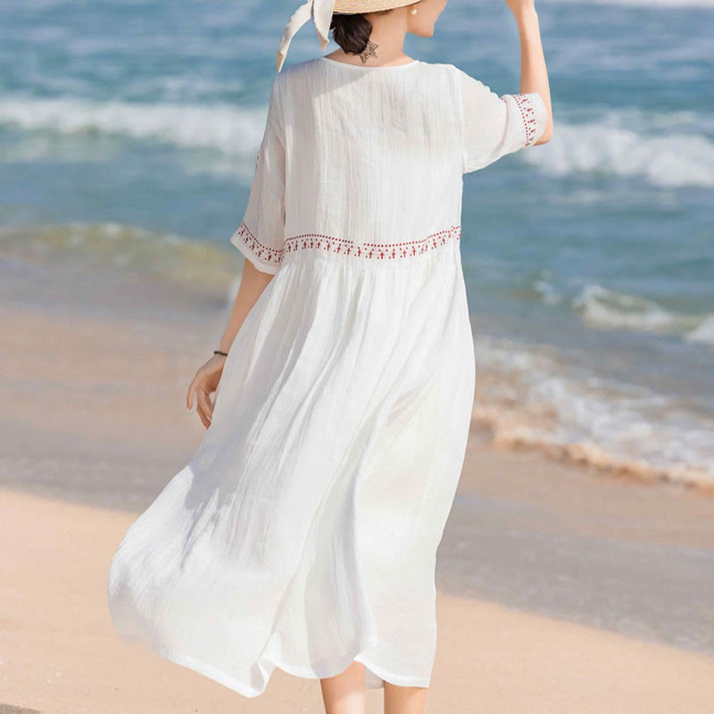 Breathable Cotton Blend Relaxed Midi Dress with Subtle Embroidery
