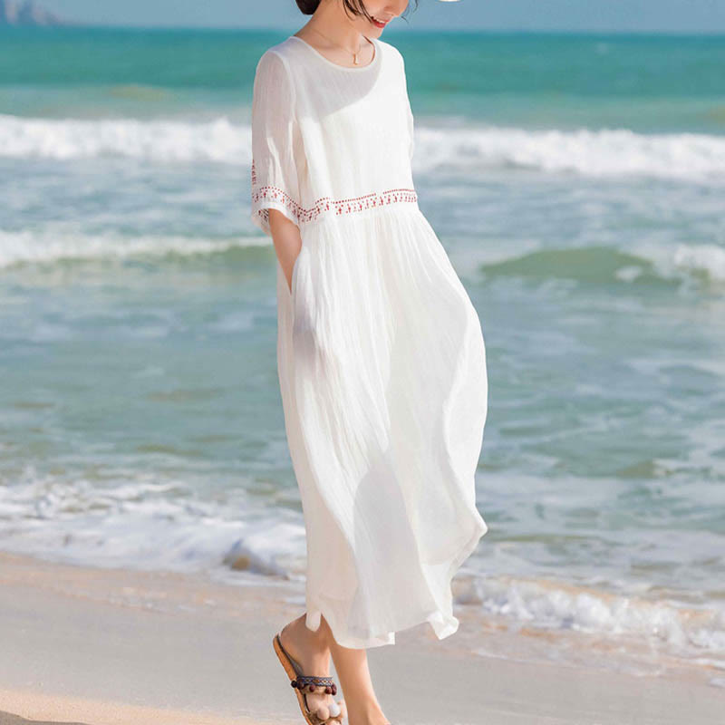 Breathable Cotton Blend Relaxed Midi Dress with Subtle Embroidery