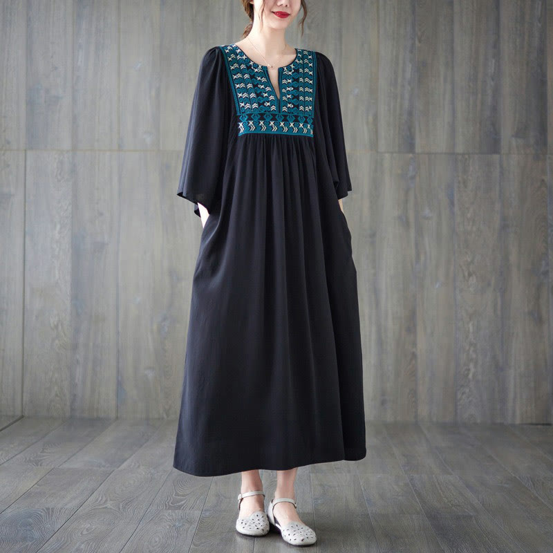 Embroidery Notched Ruffled Hem Midi Dress With Pockets
