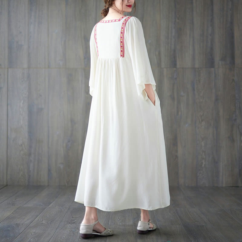 Embroidery Notched Ruffled Hem Midi Dress With Pockets