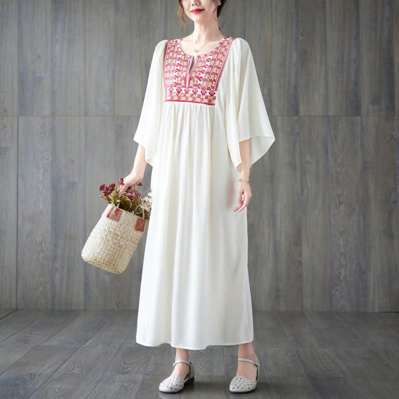 Embroidery Notched Ruffled Hem Midi Dress With Pockets