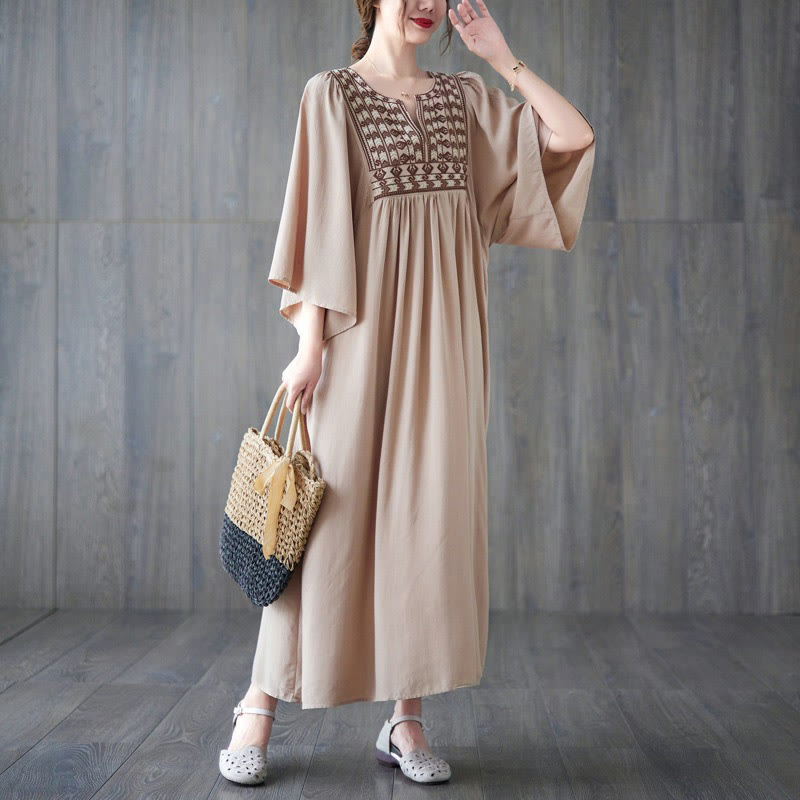 Embroidery Notched Ruffled Hem Midi Dress With Pockets