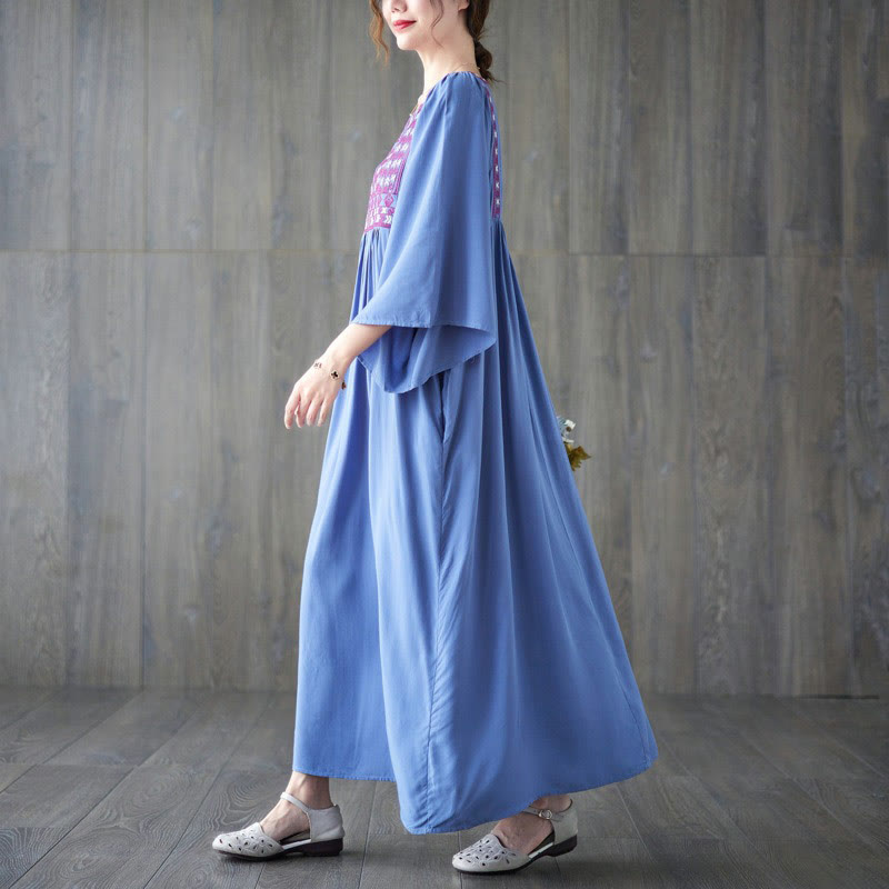 Embroidery Notched Ruffled Hem Midi Dress With Pockets