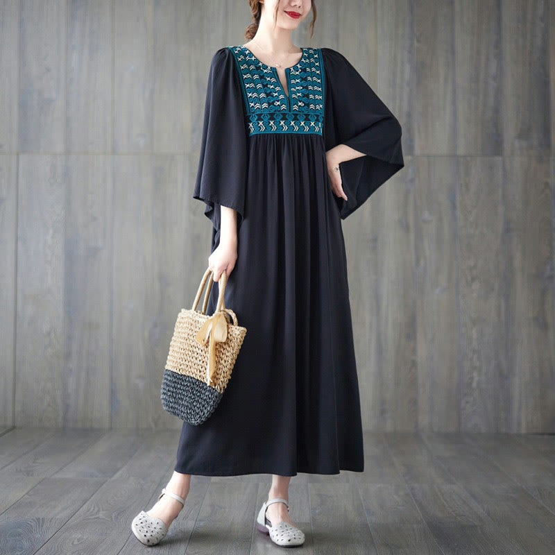 Embroidery Notched Ruffled Hem Midi Dress With Pockets