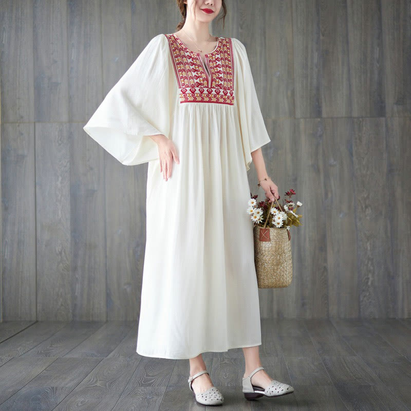 Embroidery Notched Ruffled Hem Midi Dress With Pockets