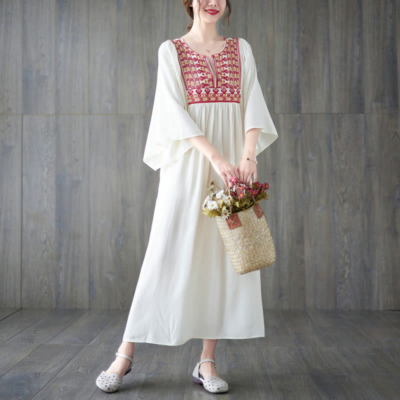 Embroidery Notched Ruffled Hem Midi Dress With Pockets