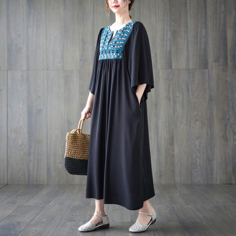 Embroidery Notched Ruffled Hem Midi Dress With Pockets
