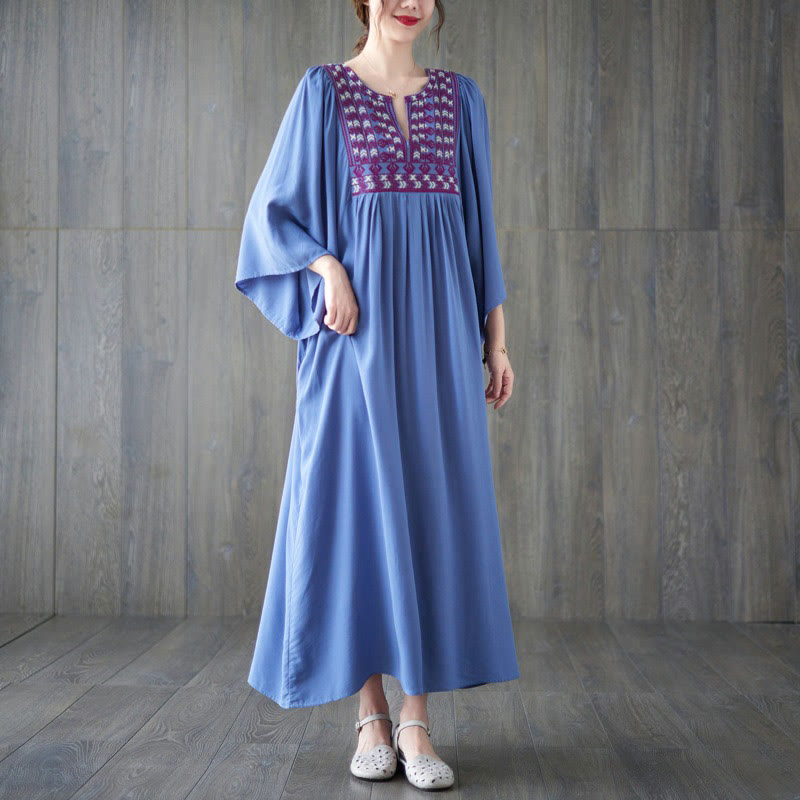 Embroidery Notched Ruffled Hem Midi Dress With Pockets