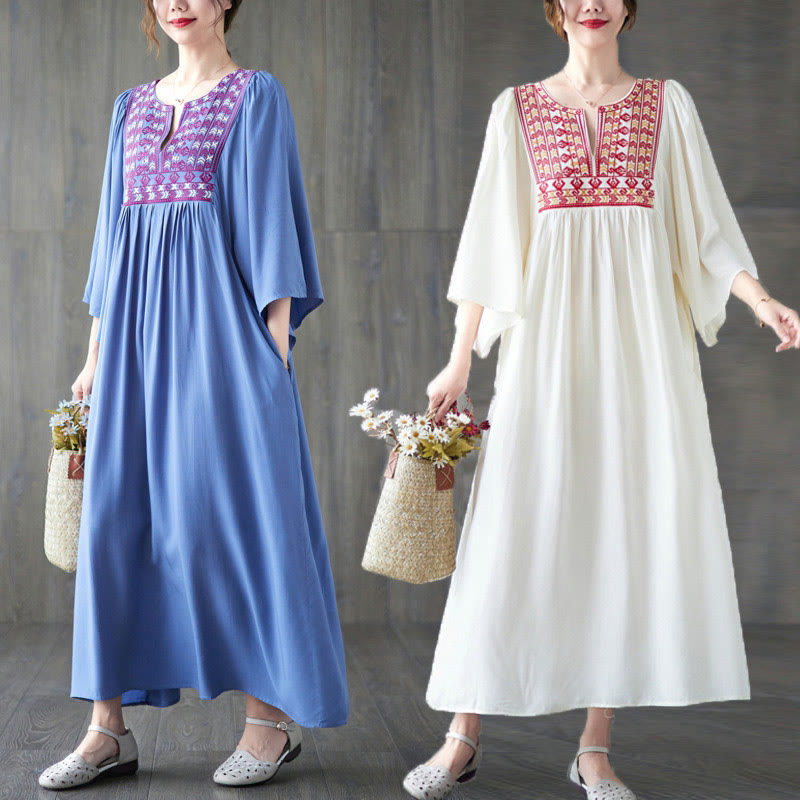 Embroidery Notched Ruffled Hem Midi Dress With Pockets