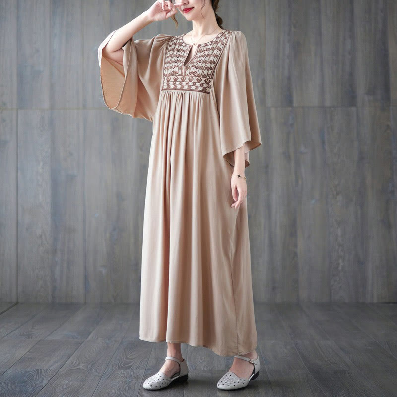 Embroidery Notched Ruffled Hem Midi Dress With Pockets