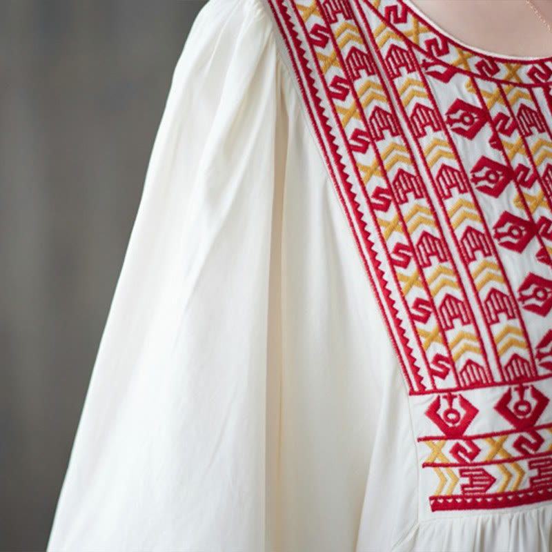 Embroidery Notched Ruffled Hem Midi Dress With Pockets