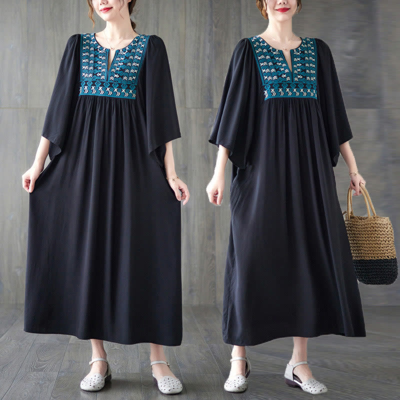 Embroidery Notched Ruffled Hem Midi Dress With Pockets
