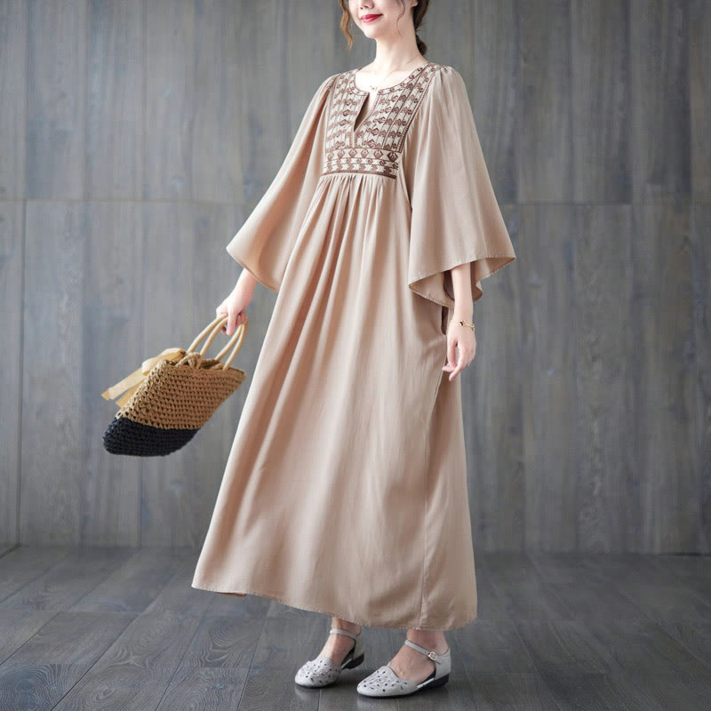 Embroidery Notched Ruffled Hem Midi Dress With Pockets