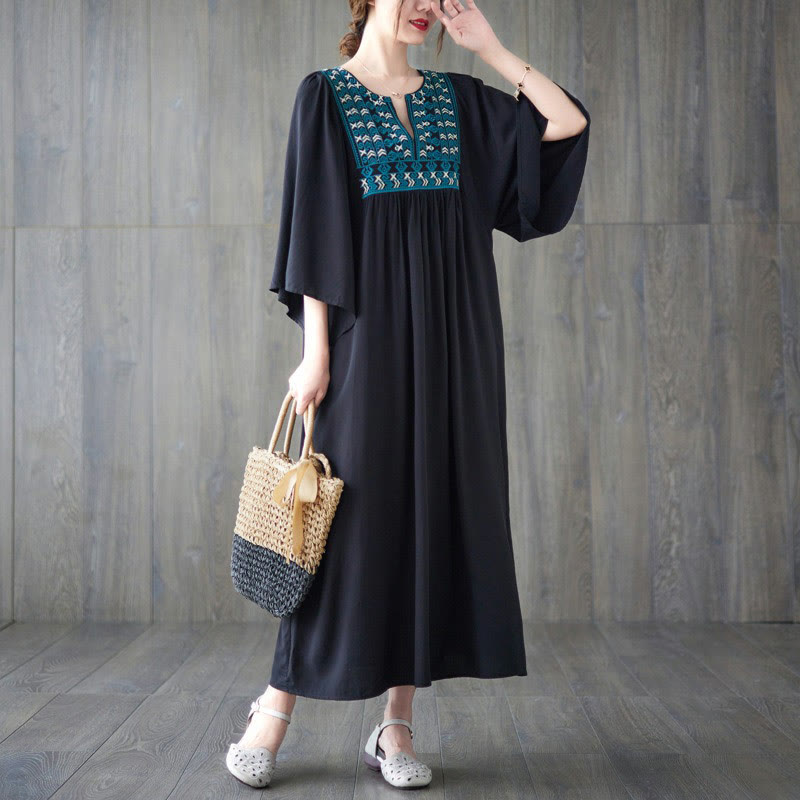 Embroidery Notched Ruffled Hem Midi Dress With Pockets
