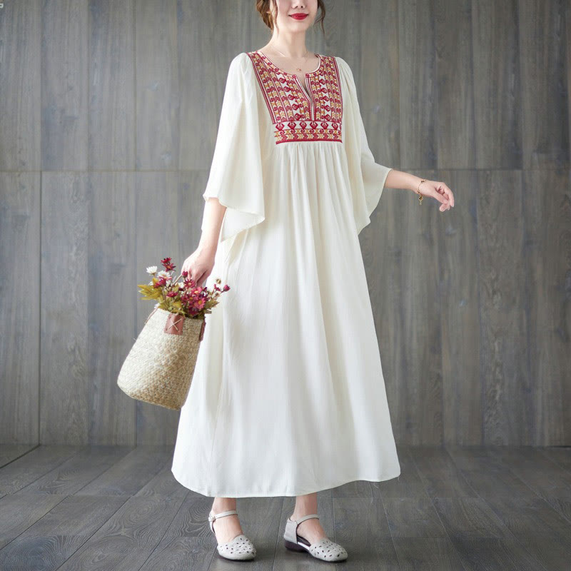Embroidery Notched Ruffled Hem Midi Dress With Pockets