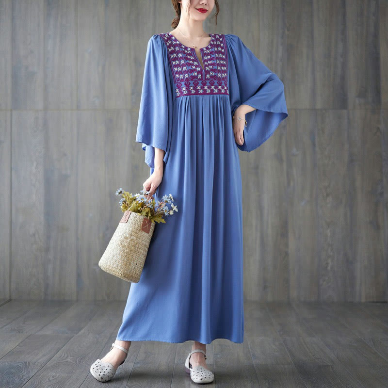Embroidery Notched Ruffled Hem Midi Dress With Pockets