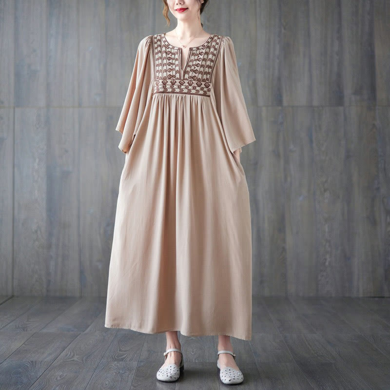 Embroidery Notched Ruffled Hem Midi Dress With Pockets