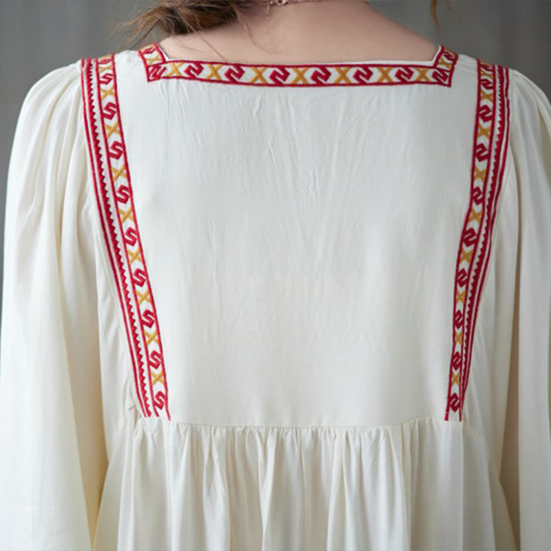 Embroidery Notched Ruffled Hem Midi Dress With Pockets