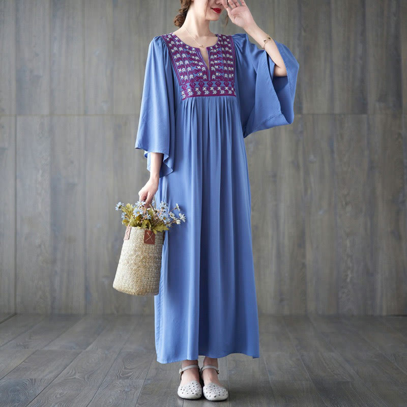 Embroidery Notched Ruffled Hem Midi Dress With Pockets