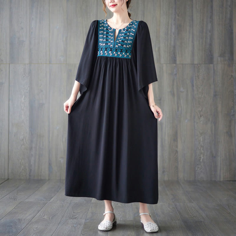 Embroidery Notched Ruffled Hem Midi Dress With Pockets