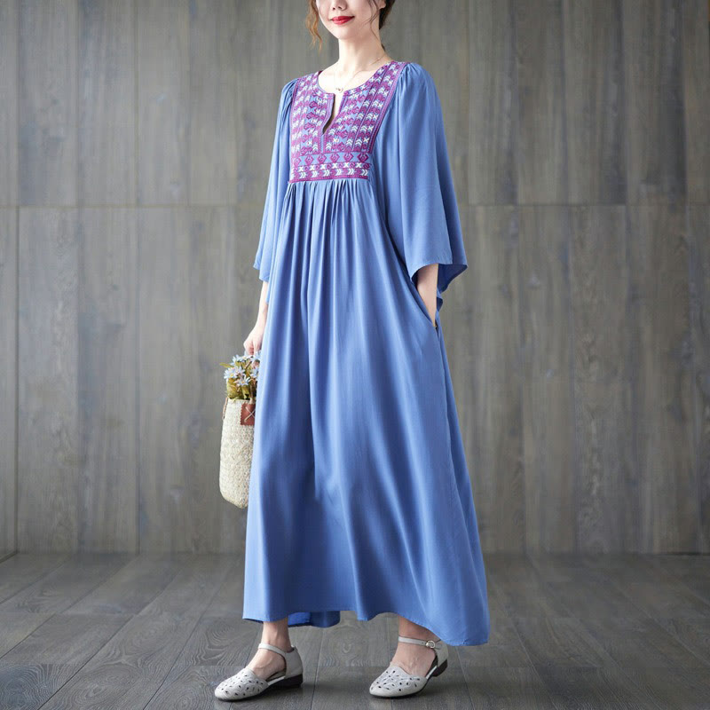 Embroidery Notched Ruffled Hem Midi Dress With Pockets