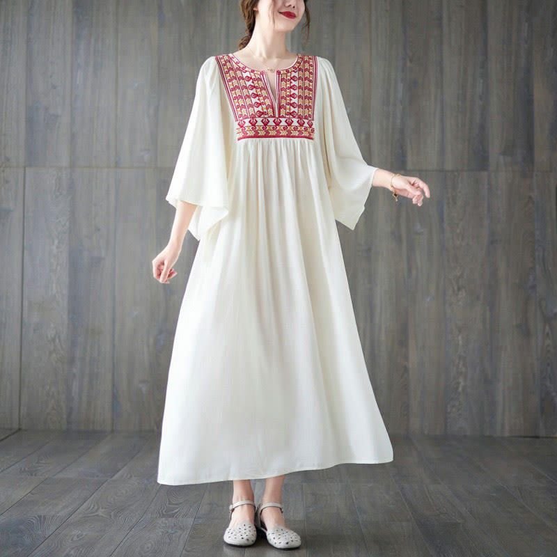 Embroidery Notched Ruffled Hem Midi Dress With Pockets