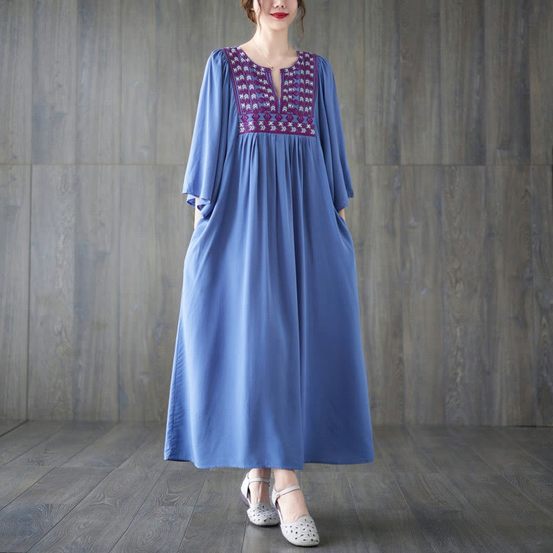 Embroidery Notched Ruffled Hem Midi Dress With Pockets