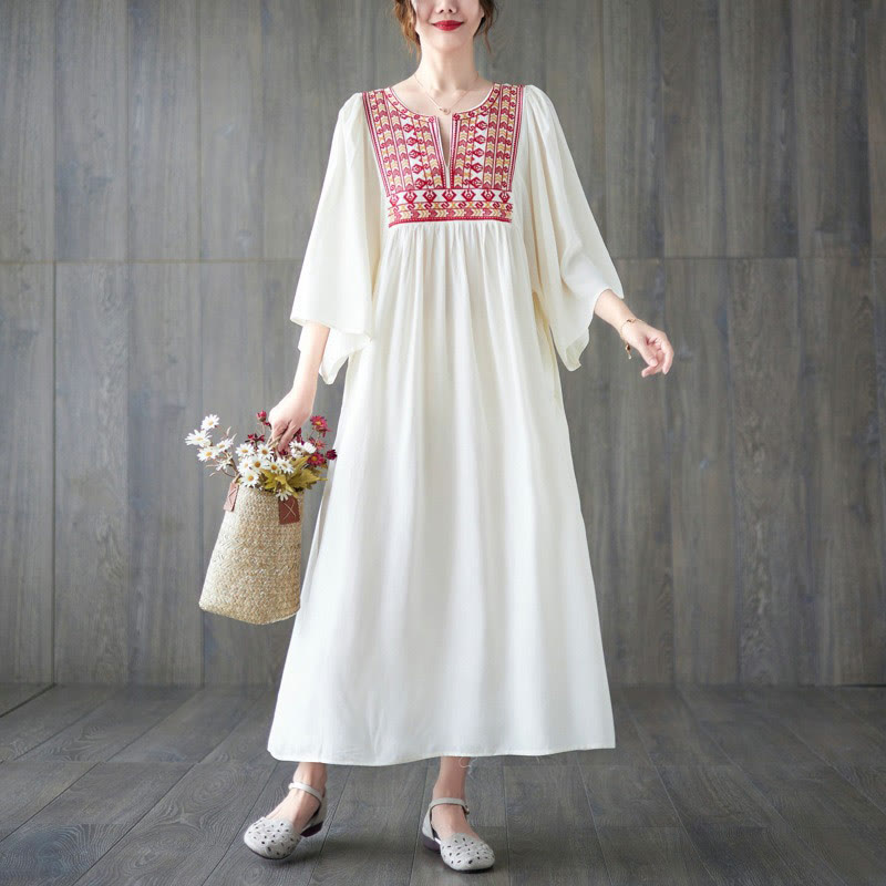 Embroidery Notched Ruffled Hem Midi Dress With Pockets