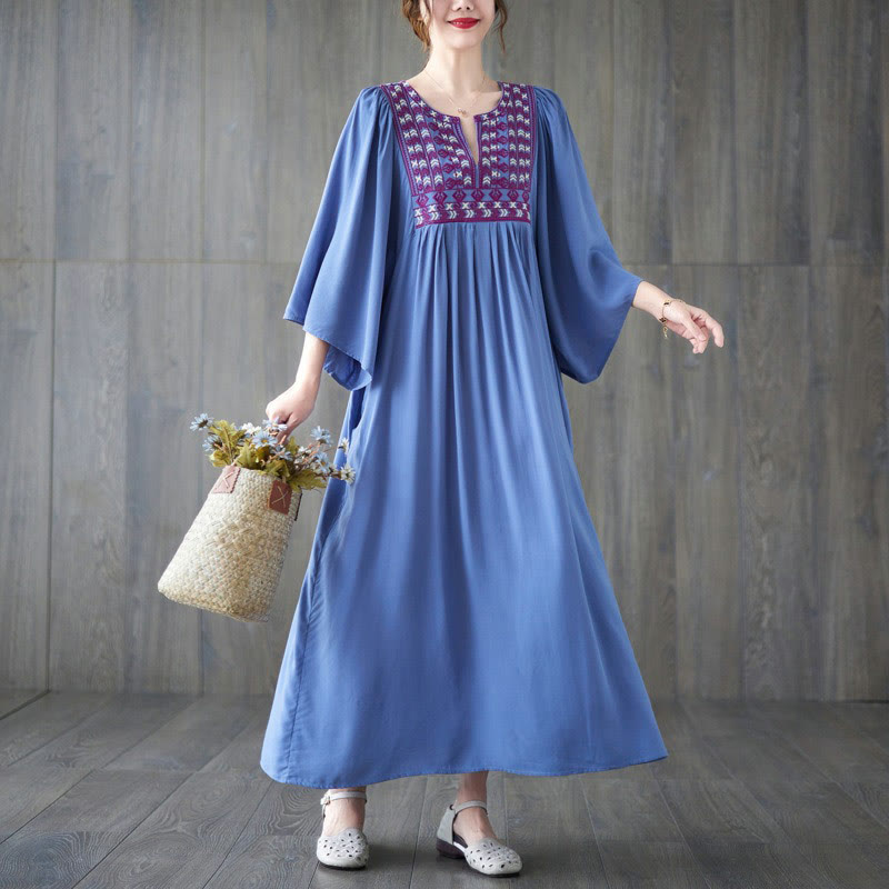 Embroidery Notched Ruffled Hem Midi Dress With Pockets