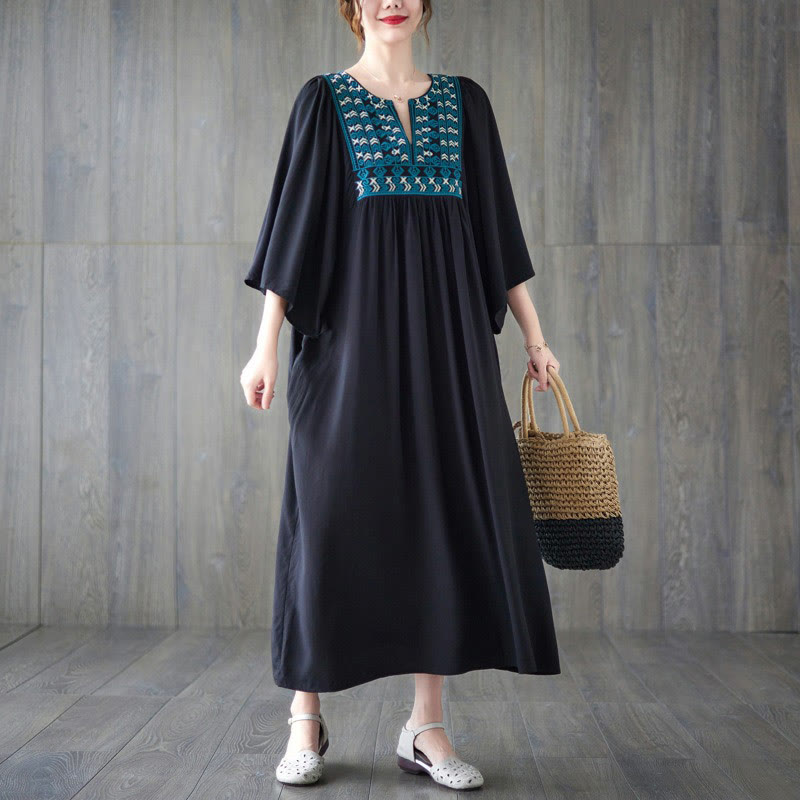 Embroidery Notched Ruffled Hem Midi Dress With Pockets